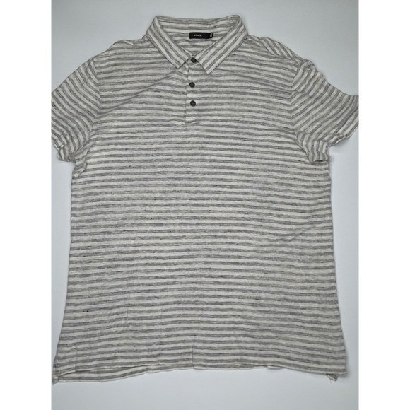 Vince Men's Gray White Short Sleeve Striped 100% Linen Knit Polo Shirt Size Xl